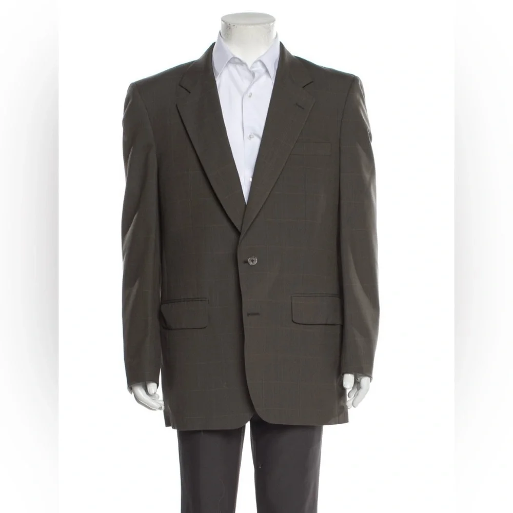 Vtg Burberry’s 100% Wool Blazer Grey Green Plaid 2 Button Closure Sz ~44‎